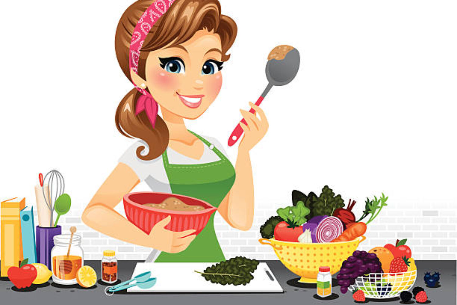 A pretty girl showing off her skills in the kitchen! Surrounded by fresh produce, seasonings, cook books, etc, she looks like she is ready to make anything.