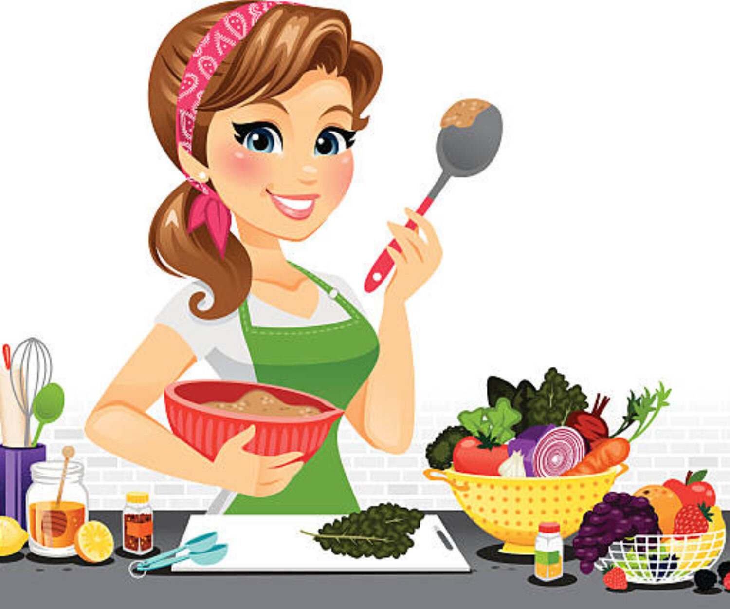 A pretty girl showing off her skills in the kitchen! Surrounded by fresh produce, seasonings, cook books, etc, she looks like she is ready to make anything.